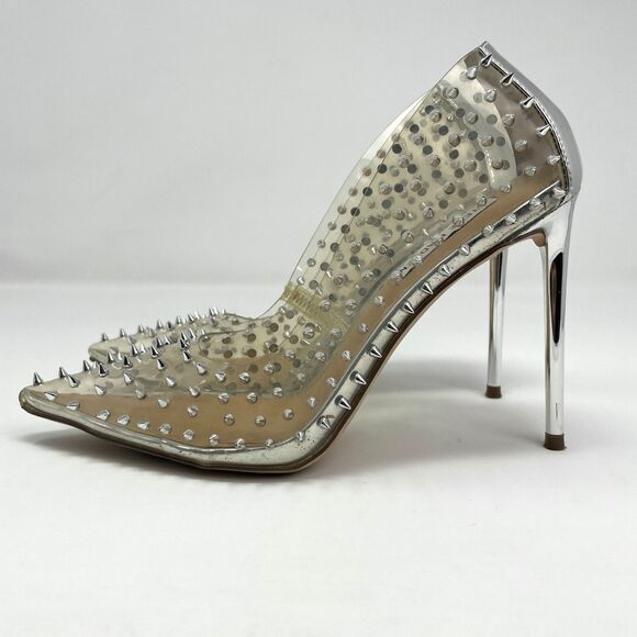 Steve Madden Shoes Wmns 7.5M Clear PVC Silver Vala Spiked Pointed Toe Heels Glam - Picture 3 of 9